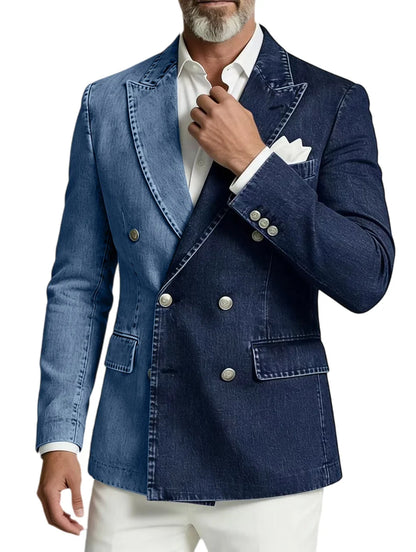 Men's Double Breasted Denim Blazer – Peak Lapel Slim Fit Jacket for Casual & Party Wear