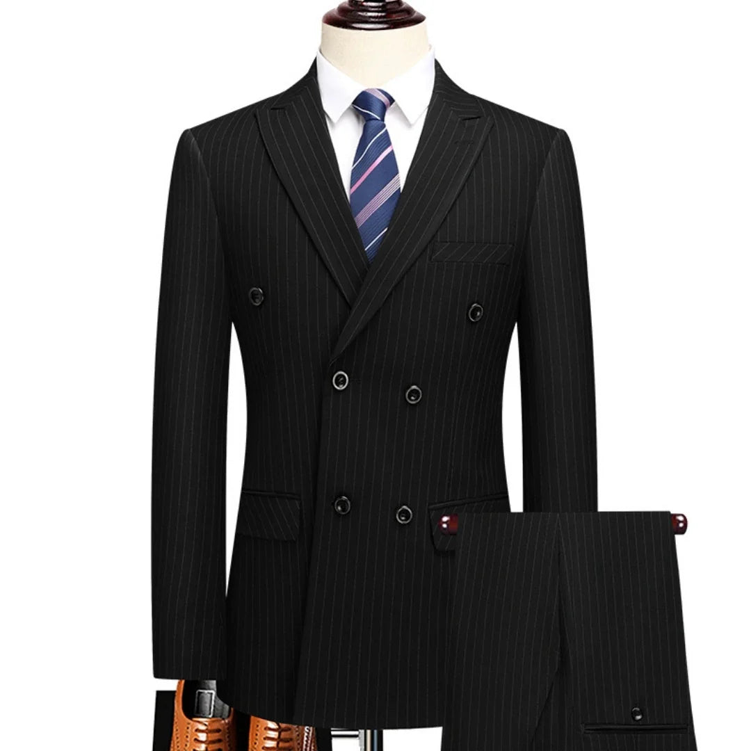 Men Suit Gray 2 Pieces Grid Stripe Double Button With Lapel For Wedding Birthday Business Banquet Work Daily Jacket And Pants