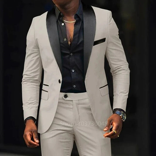 Casual 2 Piece Men Wedding Suits Solid Slim Fit Shawl Lapel Blazer Pant Designs Party Prom Suits Best Man Business Wear Suit