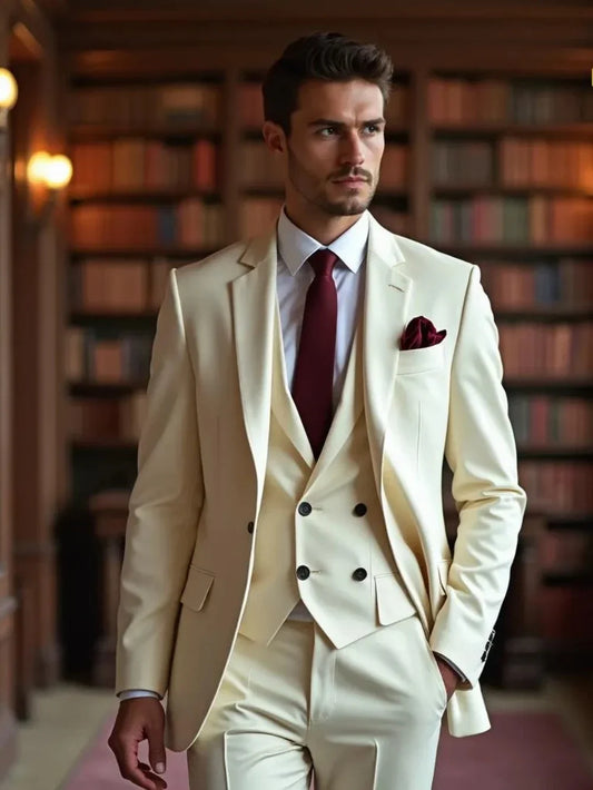 Customized Men’s Natural Ivory 3 Pieces Wedding Groom Best Man Tuxedo Premium Notched Lapel Suit Set For Men Business Activities
