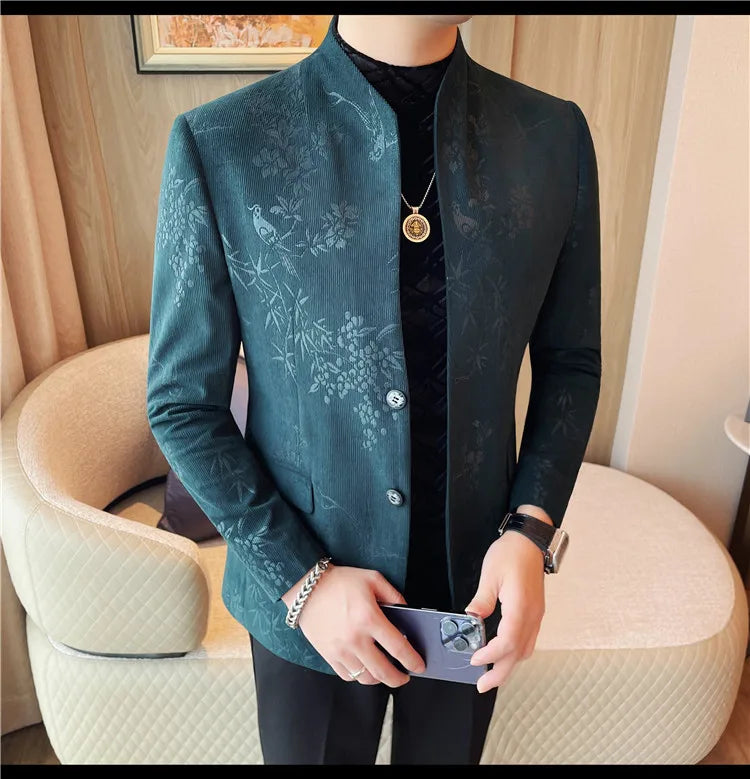 2025 Spring Trendy Jacquard Suit Jacket Men Stand Up Collar Casual Blazers Slim Wedding Business Streetwear Social Dress Coats