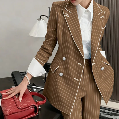 Slim-fit Women's Suit Modern Striped 2 Piece(Jacket+Pants) Set Classic Retro Blazer Daily Office Wear Business Formal Attire