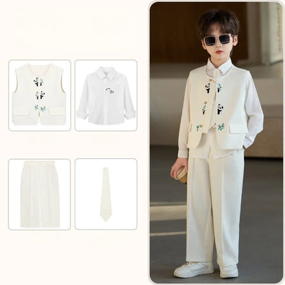 90-160 Kids New Chinese Tang Suit Hanfu Embroidery Suit Flower Boys Host Recitation Performance Costume