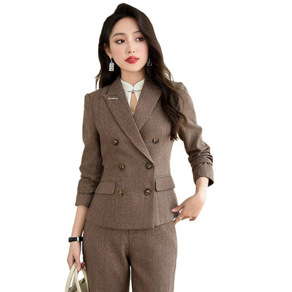 Elegant Lady Wide Leg Pant Sets for Women 2 Pieces Blazer Suit Double Breasted Jacket Trousers Outfit Female Autumn Winter