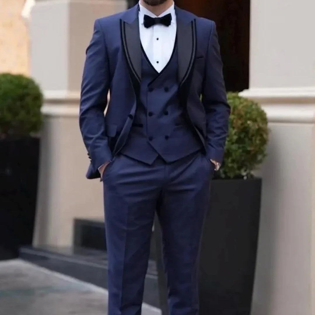 Men Suit 3 Pieces Navy Blue With Lapel Solid For Wedding Banquet Birthday Business Party Prom Work Office Set Jacket Vest Pants