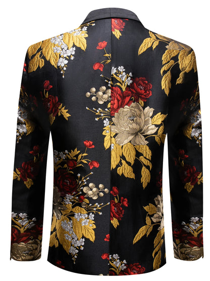 Men's Black Gold Red Floral Jacquard Shawl Lapel Blazer Single Breasted Tuxedo Jacket Suit Coat for Wedding Prom Party Outerwear