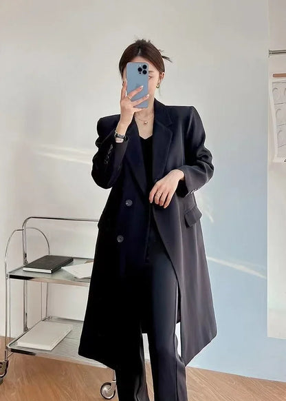 Elegant Women's Basic Solid Color Single Breasted Loose Casual Long Suit Jacket 2025 Spring Autumn Premium Trench Black Coat