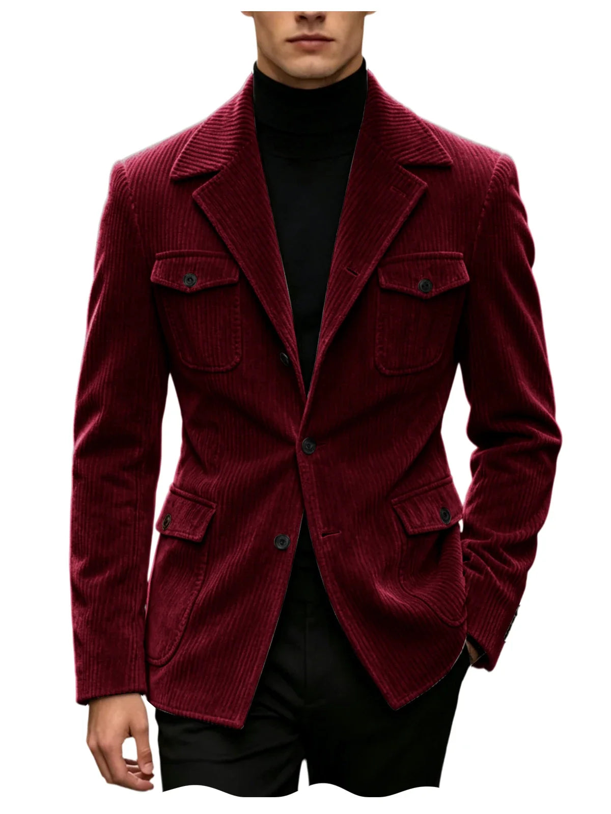 Men's Corduroy Blazer Jacket Slim Fit Notched Lapel Casual Business Coat With Four Flap Pockets For Daily Work Streetwear