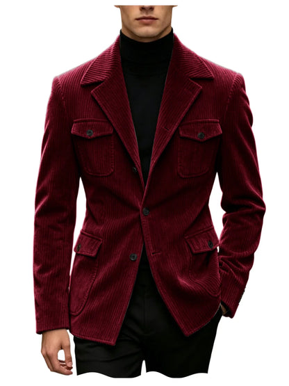 Men's Corduroy Blazer Jacket Slim Fit Notched Lapel Casual Business Coat With Four Flap Pockets For Daily Work Streetwear