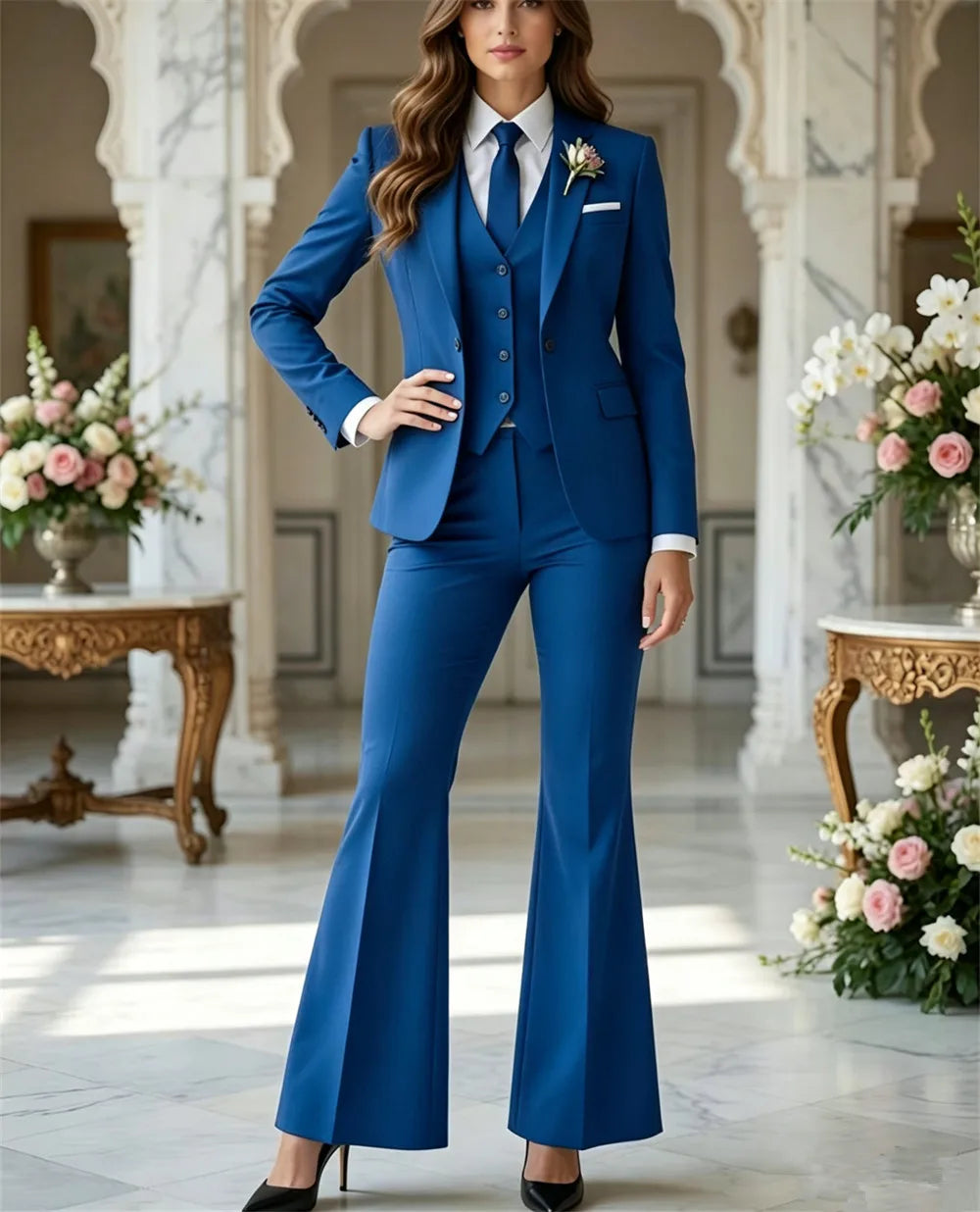 Navy Blue 3 Piece Suit Women Trauanzug Damen Costume Femme Bleu Tuxedo Flared Pantsuit 70s Retro Vintage Bridal