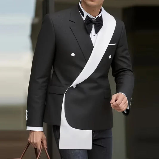 1 Piece Blazer Men's Black White Patchwork Suit Jacket Stage Host Wedding Banquets Party Blazer Asymmetrical Design