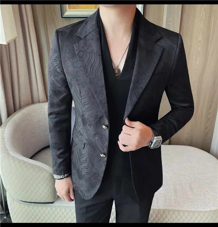 Luxury Jacquard Casual Suit Jacket for Men Autumn Korean Fashion Business Social Blazers Handsome Office Wedding Dress Jacket
