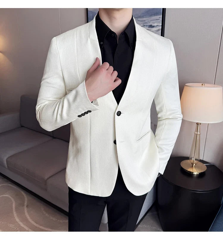 Chinese Style Collarless Suit Jacket Men Fashion Slim Fit Versatile Blazers Male Casual Business Wedding Groom Dress Jacket 2025