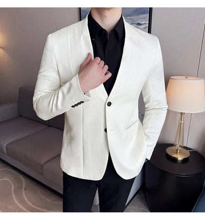 Chinese Style Collarless Suit Jacket Men Fashion Slim Fit Versatile Blazers Male Casual Business Wedding Groom Dress Jacket 2025