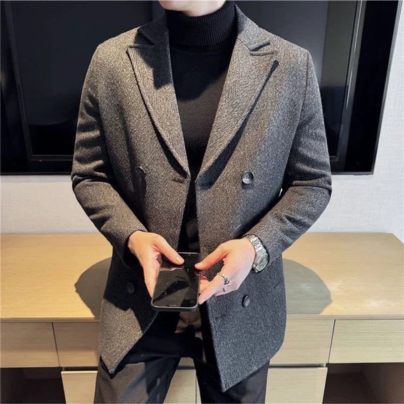 British Style Winter Double Breasted Woolen Suit Jackets Men Thick Warm Wedding Business Blazers Solid Color Casual Dress Coat