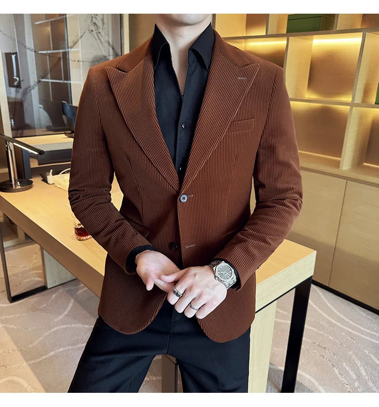 Autumn Winter New Corduroy Striped Suit Jacket Men High Quality Slim Fit Business Social Formal Suit Coats Tailcoat Men Clothing