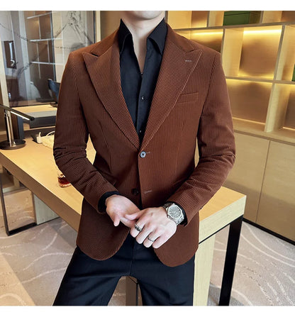 Corduroy Stripe Suit Jacket For Men Autumn Winter Business Slim Fit Tailcoat Formal Wedding Party Fashion Casual Suit Coat 4XL-M