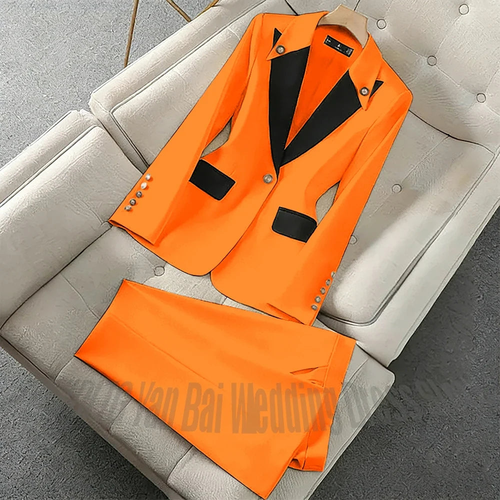 New Unique Women Pant Suit Contrast Color Modern Outfit One-Button Peaked Lapel Casual Fashion Daily Female Clothes Set 2 Piece