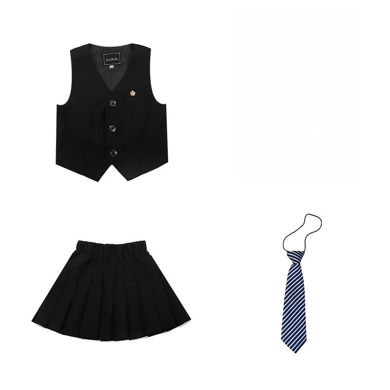 Boys Girls Summer 3Pieces School Uniform With Vest Shorts/Skirt Tie Children's Piano Host Speech Chorus Performance Costume