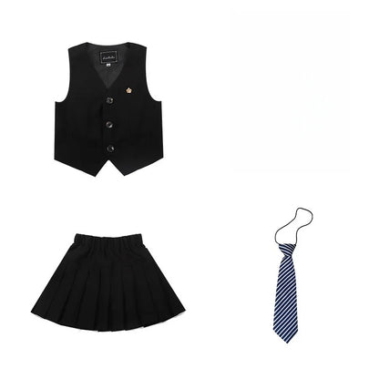 Boys Girls Summer 3Pieces School Uniform With Vest Shorts/Skirt Tie Children's Piano Host Speech Chorus Performance Costume