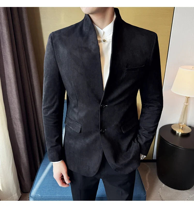 High Quality Cowhide Suede Suit Coats Men Fashion Slim Fit Stand Up Collar Business Casual Jacket Formal Groom Social Tuxedos
