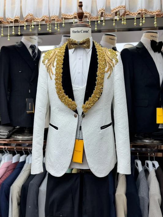 New Jacquard Suit Set 3 Pieces Wedding Groom Sets Golden Crystal Men's Slim Fit Suits Banquet Party Wear Elegant Man Tuxedo