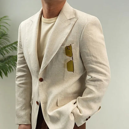 Men Retro Linen Suit Set Notched Collar Thin Business Casual Blazers Two Piece Set Lace Up Long Pant Full Length Trousers Outfit