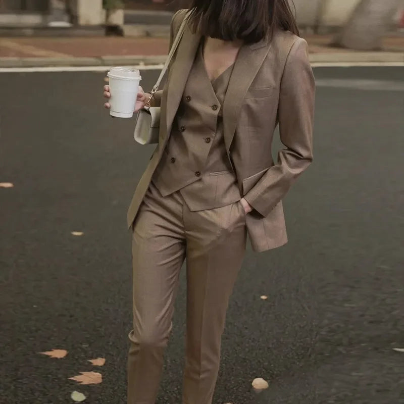 Elegant Brown Women's Suit Jacket Vest Pants Autumn New Style Hostess Sound Art Examination Workwear High Waist Long Pants Set