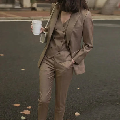 Elegant Brown Women's Suit Jacket Vest Pants Autumn New Style Hostess Sound Art Examination Workwear High Waist Long Pants Set
