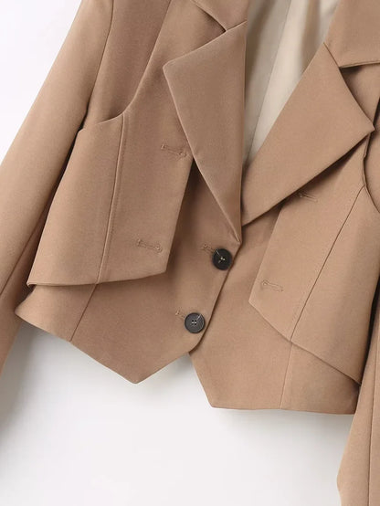 Women's Blue Blazer Jacket Vintage Office Ladies Long Sleeve Single Breasted Cropped Outerwear Suit Coat Y2k 2000s Spring Autumn