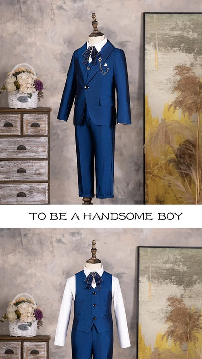 Children Shiny Blue Suit For Wedding Boys Formal Ceremony Tuxedo Dress Teenager Kids Photograph Blazer Party Performance Costume