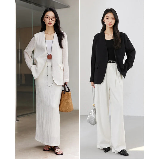 French Blazer for Woman 2026 Autumn Casual V-neck Women's Elegant Jacket Loose Tailored Ladies Coats Female Clothing A0511