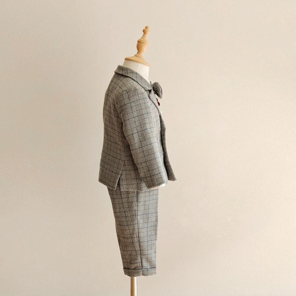 Kids Boys Gentleman Plaid Suit Outfit Jacket Pants Suspenders Bow Tie Formal Wedding Party Photograph Costume for Baby Boy Cloth
