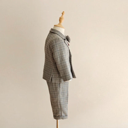 Kids Boys Gentleman Plaid Suit Outfit Jacket Pants Suspenders Bow Tie Formal Wedding Party Photograph Costume for Baby Boy Cloth