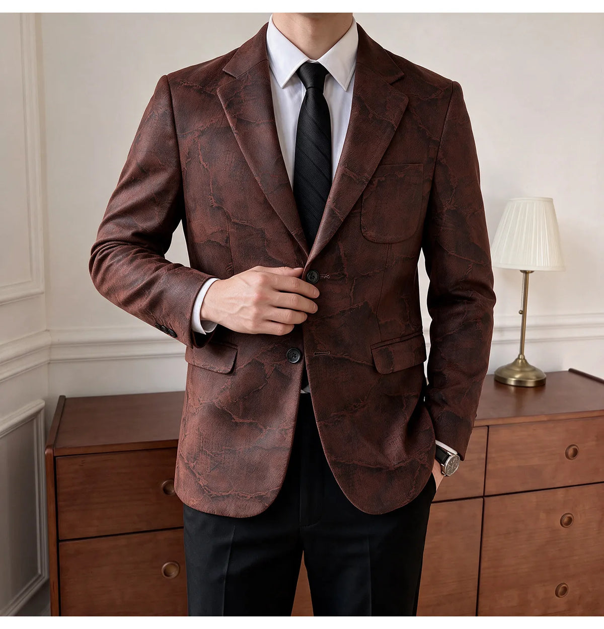 Men's Embossed Suede Blazer Smart Casual Single Breasted Jacket for Everyday Wear