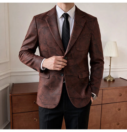 Men's Embossed Suede Blazer Smart Casual Single Breasted Jacket for Everyday Wear