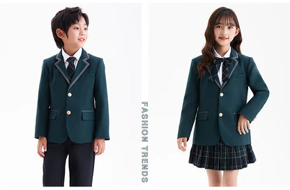 Boys Green Blazers Pants School Uniform Girls Jacket Skirt Shirt Tie Suits Kids Formal Dress Tuxedo Children Student Clothes Set