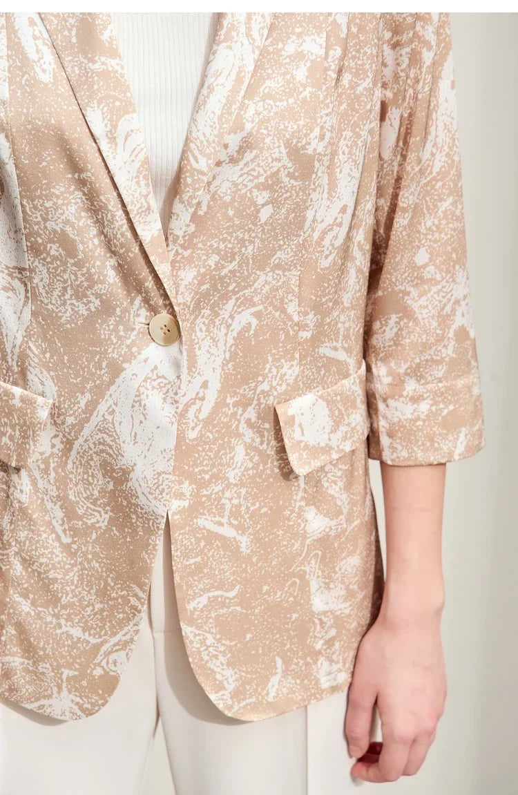 Minimalism Silk Blazers 2026 Summer Notched Printed Basic Fashion Jacket Three Quarter Women Office Lady Blouse 12452146
