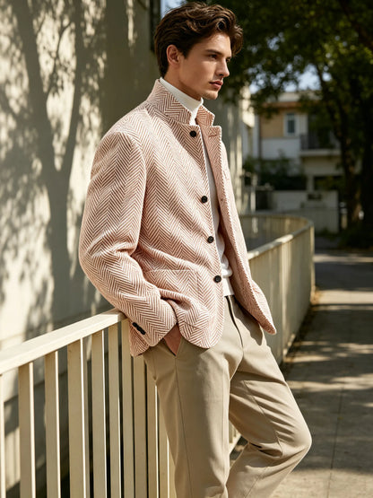 Men's Herringbone Tweed Stand Collar Blazer  Notch Lapel Slim Fit Wool Blend Sport Coat Business Casual Wedding Prom Man Jackets