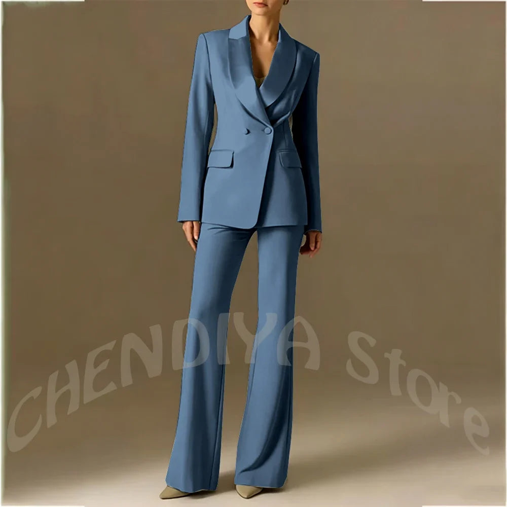 Classic Shawl Lapel Suit For Women Elegant Double Breasted Outfit Solid Color Two Piece Straight Modern Style Office Wear