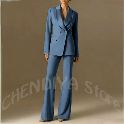 Classic Shawl Lapel Suit For Women Elegant Double Breasted Outfit Solid Color Two Piece Straight Modern Style Office Wear
