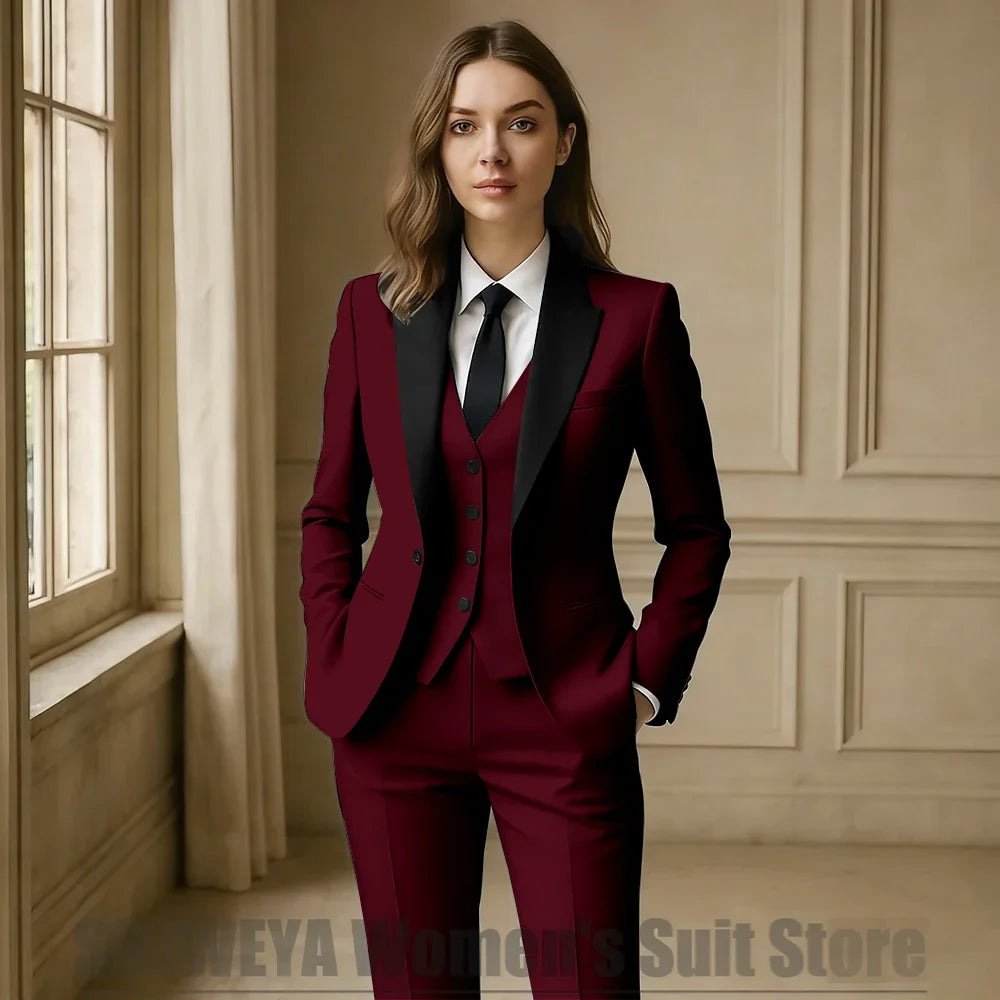 Women Royal Blue 3 Piece Tuxedo Suit Blazer Vest Pants with Black Lapel Slim Fit Formal Party Business Office Outfit