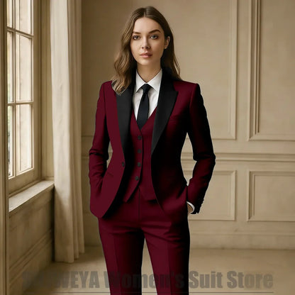 Women Royal Blue 3 Piece Tuxedo Suit Blazer Vest Pants with Black Lapel Slim Fit Formal Party Business Office Outfit