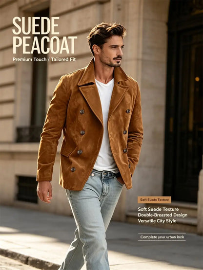 Men Faux Suede Jacket Double Breasted Lapel Collar Casual Blazer Vintage Comfort Business Office Autumn Winter Fashion Male Coat