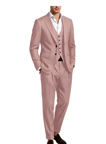 Men's 3-Piece Pinstripe Suit – Slim Fit Notched Lapel Blazer, Vest & Trousers for Wedding & Business