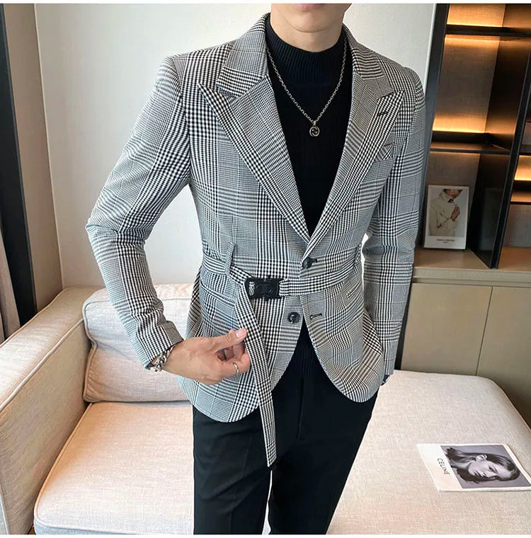 2025 Autumn Winter Classic Checkered Suit Jacket for Men Belt Decoration Slim Fit Casual Business Blazers Social Party Jacket