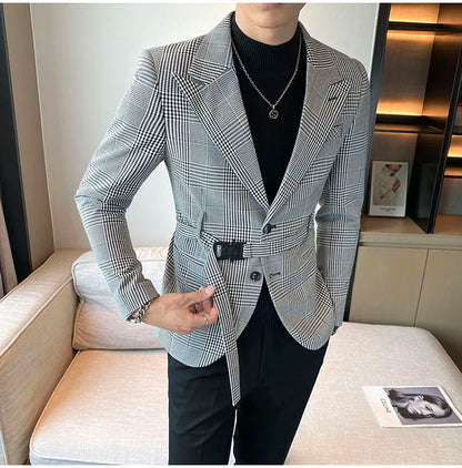 2025 Autumn Winter Classic Checkered Suit Jacket for Men Belt Decoration Slim Fit Casual Business Blazers Social Party Jacket