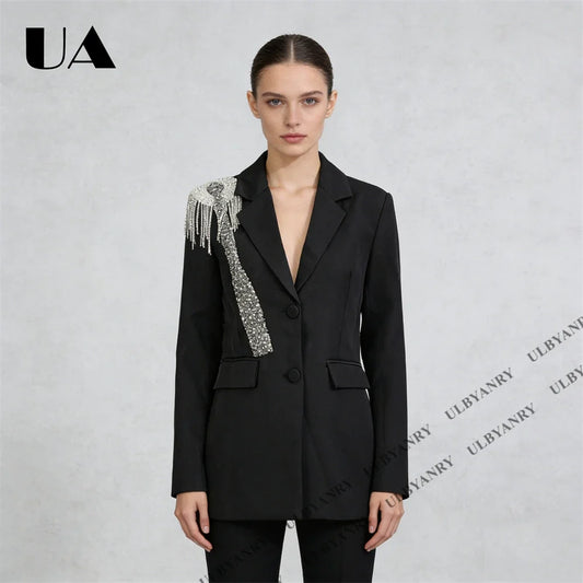 Women’s Black Blazer with Silver Crystal Fringe Detail, One Button Suit Jacket for Party Wedding Evening Gown