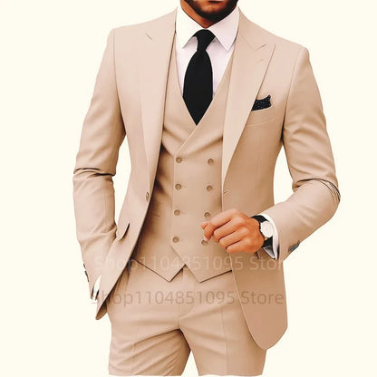 Solid Color Fashion Men Formal Business Suits Wedding Suit Slim Fit Groom Tuxedos 3 Pcs Set Dress Peak Lapel Blazer Vest Pants