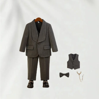 Kids Striped Birthday Party Outfit Boys Wedding Suit Set Childre's Jacket Vest Pants Bowtie Brooch 5Pieces Winter Clothing Set